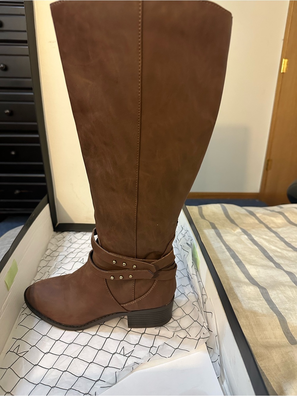 Material Girl Brown Tall Riding Boots with Studded Strap